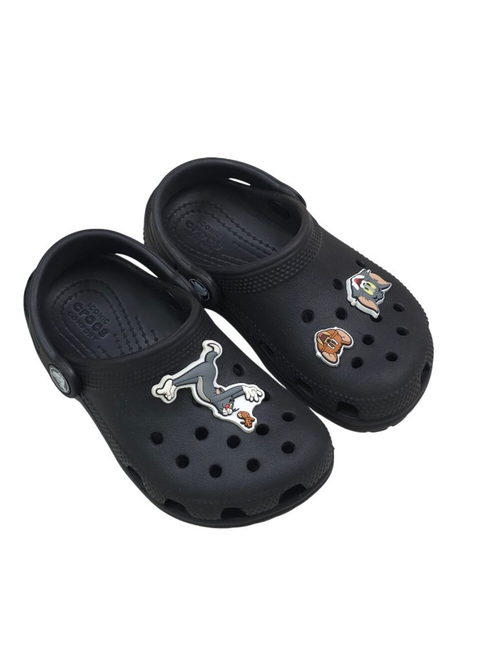 Crocs Classic Clogs Kids C9 With Tom & Jerry Cartoon Charms Black Comfortable
